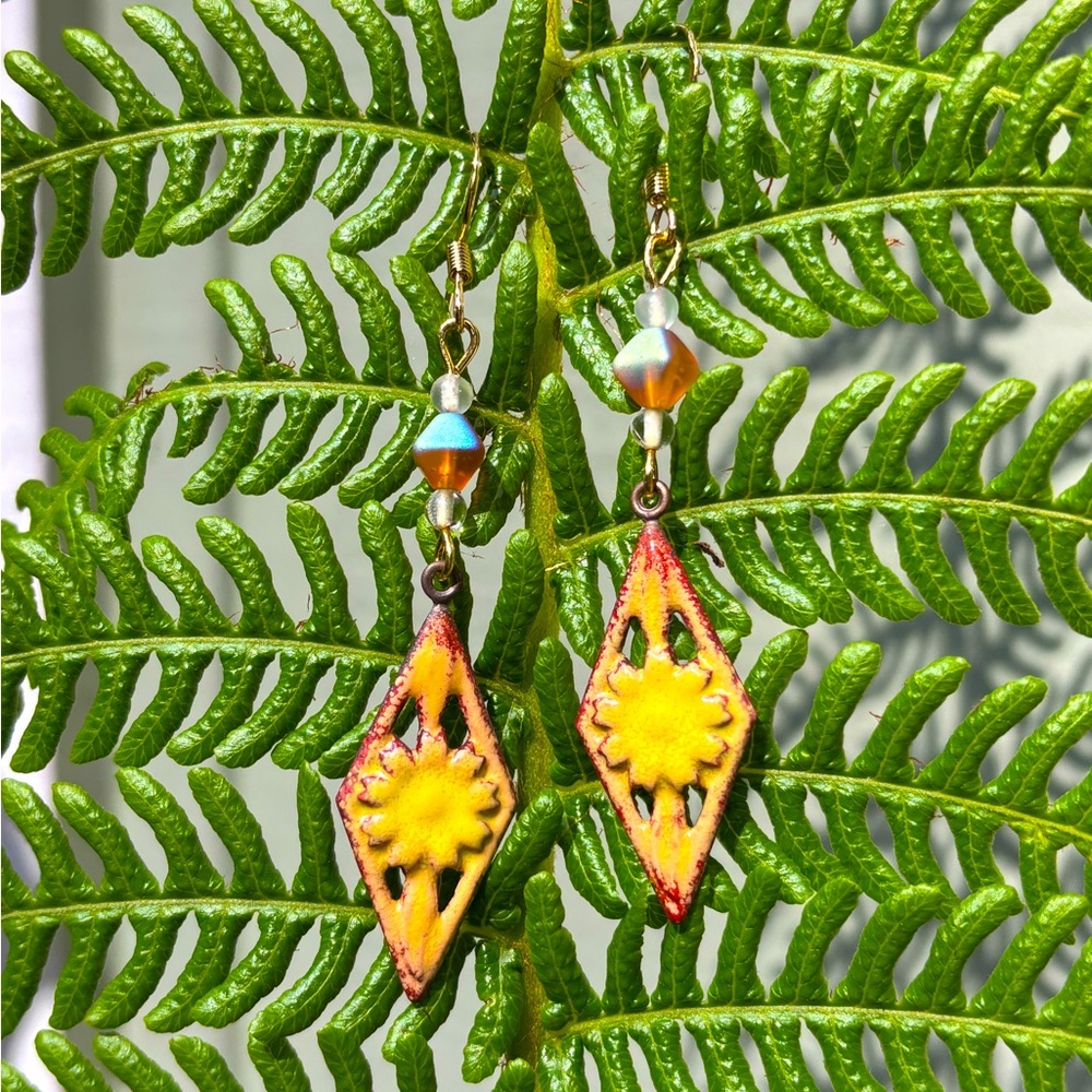 Handmade Vintage Metal Enamel and Glass Dangle Earrings